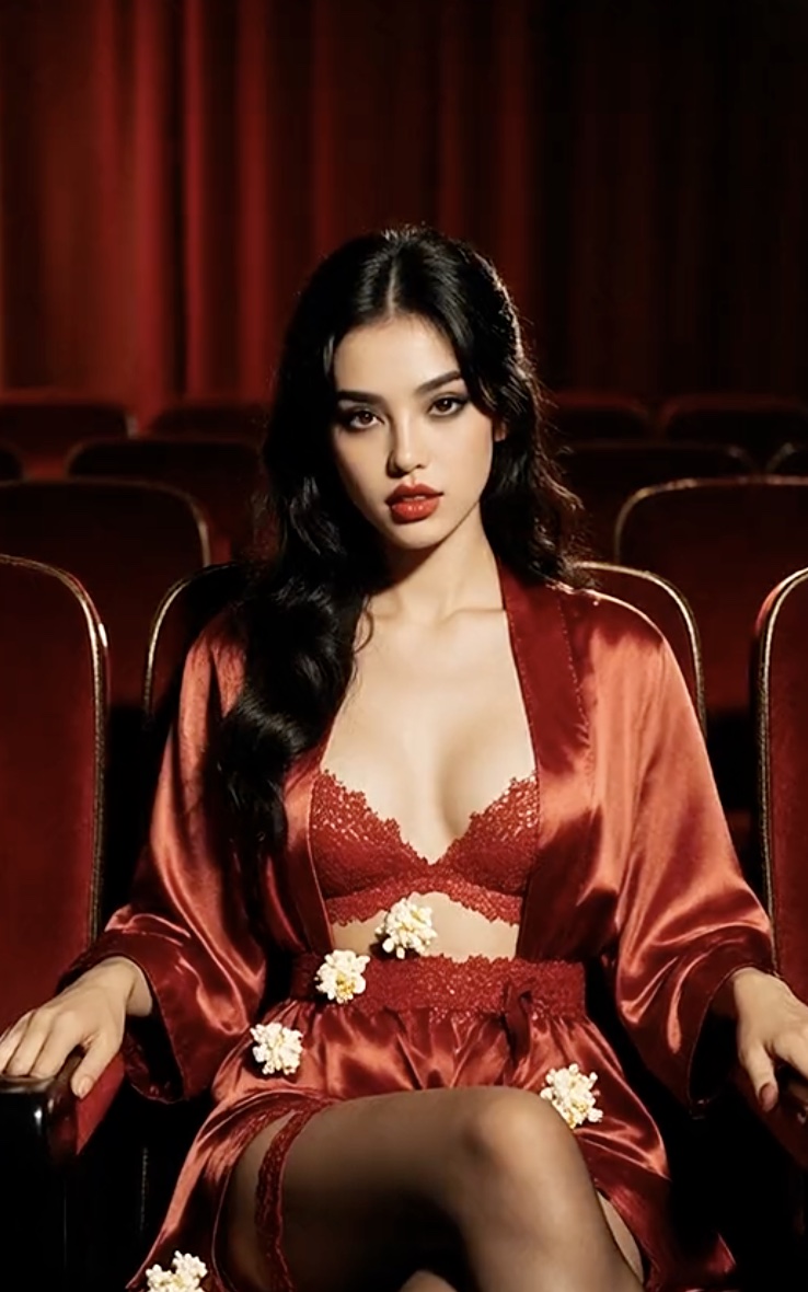 Scarlet, glamorous adult AI character in a theater